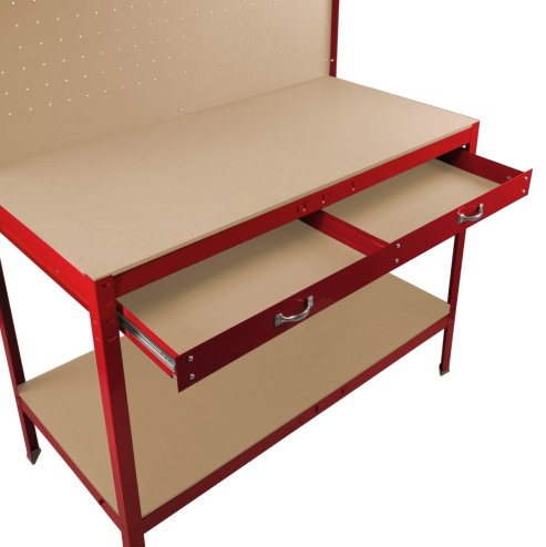 Garage Workbench Red Pegboard Drawer Shelves LED Light Heavy Duty Steel Wooden Workshop Industrial Shed DIY Work Table Desk Tool Storage Station Unit 370kg Total Capacity 40 Hooks Rubber Mallet