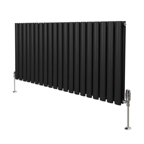 Oval Column Radiator 600mm x 1200mm & TRV Chrome Valves Modern Designer Double Panel Central Heating Heater Black Steel Horizontal Kitchen Living Room FREE Cleaning Brush Fixing Kit & Brackets