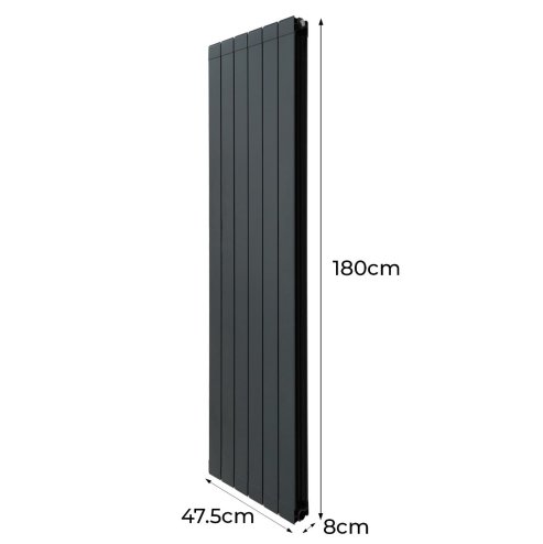 Aluminium Designer Radiator 1800mm x 475mm & TRV Chrome Valves Vertical Double Flat Panel Column Lightweight Modern Heater Matt Anthracite Grey Kitchen Living Room Cleaning Brush Fixing Kit Brackets