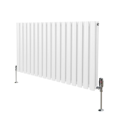 Oval Column Radiator 600mm x 1020mm & TRV Chrome Valves Modern Designer Double Panel Central Heating Heater White Steel Horizontal Kitchen Living Room FREE Cleaning Brush Fixing Kit & Brackets