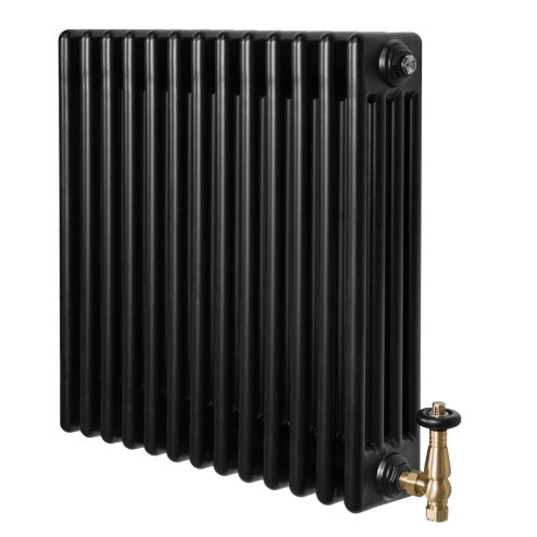 Traditional 4 Column Radiator & Valves - 600 x 605mm - Black