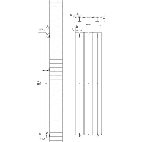 Flat Single Column Radiator & Valves - 1600mm x 420mm - White