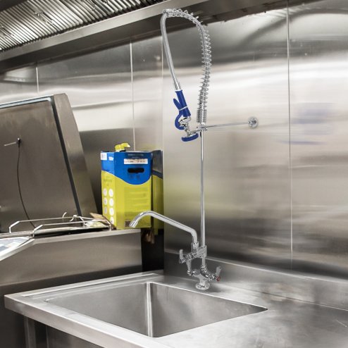 KuKoo Pre-Rinse Spray Tap, Pull Out Commercial Kitchen Sink Mixer Faucet, Deck Mounted Twin Pedestal