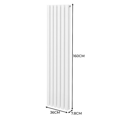 Oval Column Radiator 1600mm x 360mm & TRV Chrome Valves Modern Designer Double Panel Central Heating Heater White Steel Vertical Kitchen Living Room FREE Cleaning Brush Fixing Kit & Brackets