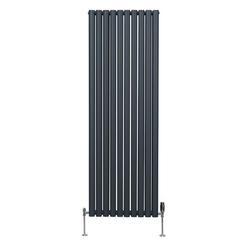 Oval Column Radiator 1800mm x 600mm & TRV Chrome Valves Modern Designer Double Panel Central Heating Heater Anthracite Grey Steel Vertical Kitchen Living Room FREE Cleaning Brush Fixing Kit & Brackets