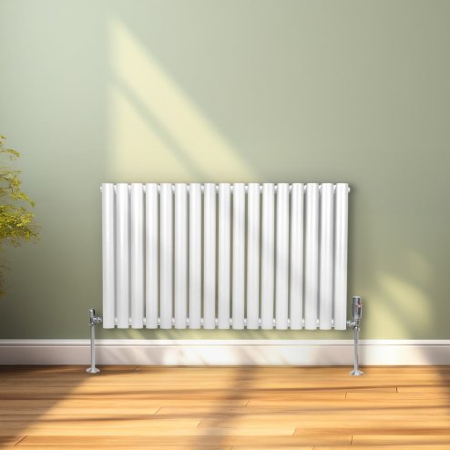 Oval Column Radiator 600mm x 1020mm & TRV Chrome Valves Modern Designer Double Panel Central Heating Heater White Steel Horizontal Kitchen Living Room FREE Cleaning Brush Fixing Kit & Brackets
