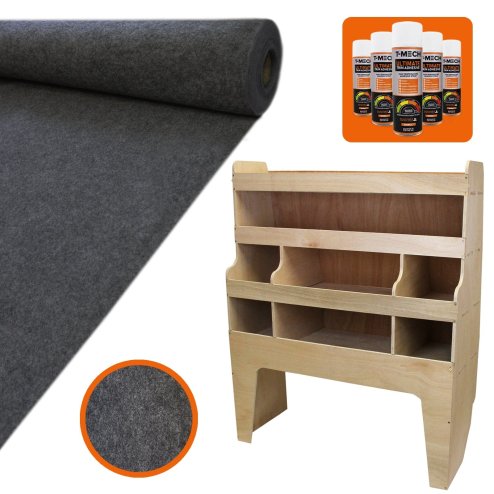 Van Lining Carpet Super Stretch + Glue & VW Caddy Racking Bundle, 11m2 Dark Grey Anthracite, Van Racking, Vans, Motor Homes, Cars, Shelving Unit with 4 Shelves, 12mm Plywood, 4 Tier Racking Unit