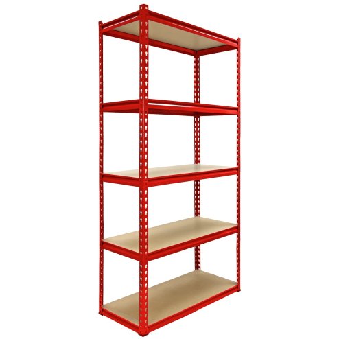 1 x Corner Garage Racking Unit & 4 x Single Racking Storage Units / 5 Z-Rax Red Steel & MDF Shelves / 8525kg capacity / 265kg per shelf / Free Rubber Mallet