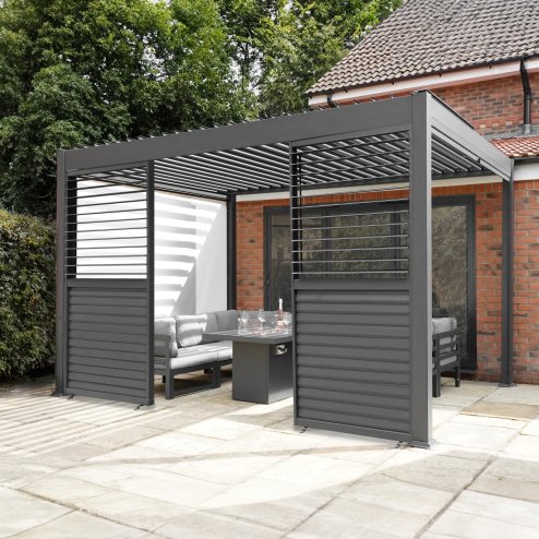 Anthracite Aluminium Pergola With White Blinds & 2 Shutter Panels - 3m x 3m