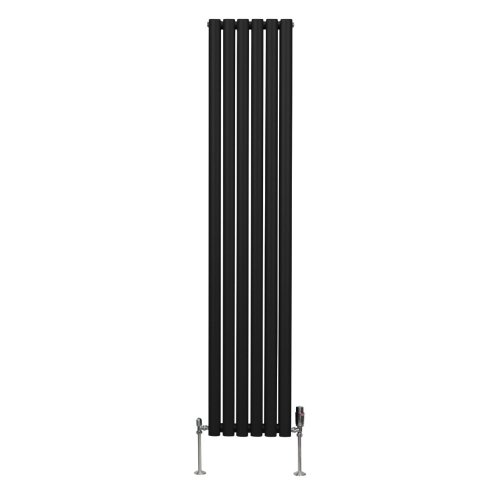 Oval Column Radiator 1800mm x 360mm & TRV Chrome Valves Modern Designer Double Panel Central Heating Heater Black Steel Vertical Kitchen Living Room FREE Cleaning Brush Fixing Kit & Brackets