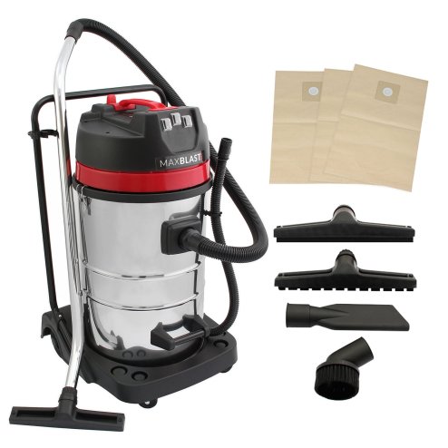 Industrial Vacuum Cleaner 80L Wet & Dry 4 Attachments Commercial Cleaning 3000W Triple Motor Stainless Steel Cloth Filter 1.5m Hose 9m Cable Bagless or Bagged 3 x FREE Hoover Bags