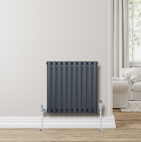 Oval Single Column Radiator & Valves - 600mm x 600mm - Anthracite Grey