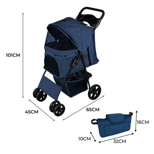 Pet Stroller Pushchair & Caddy Bag Organiser Detachable Navy Blue Foldable Carrier 15kg Capacity Wheels Brakes Dog Hook Leash Canopy Mesh Windows Basket Cup Holders Pockets & Waterproof Rain Cover