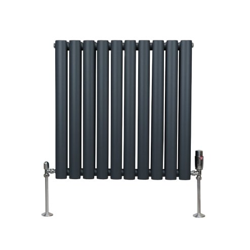 Oval Column Radiator 600mm x 600mm & TRV Chrome Valves Designer Double Panel Central Heating Heater Anthracite Grey Steel Horizontal Kitchen Living Room FREE Cleaning Brush Fixing Kit & Brackets