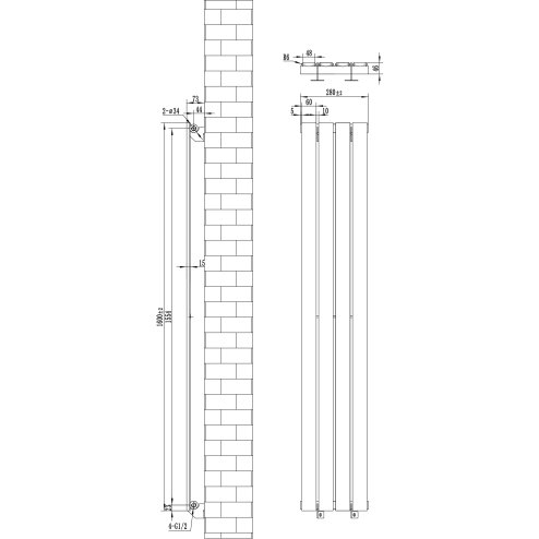 Flat Single Column Radiator - 1600 x 280mm - Black