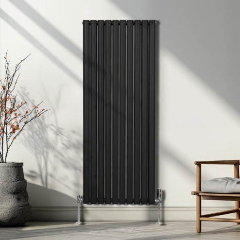 Oval Column Radiator 1600mm x 600mm Modern Designer Double Panel Central Heating Heater Matt Black Carbon Steel Vertical Kitchen Living Room Bathroom FREE Cleaning Brush Fixing Kit & Brackets