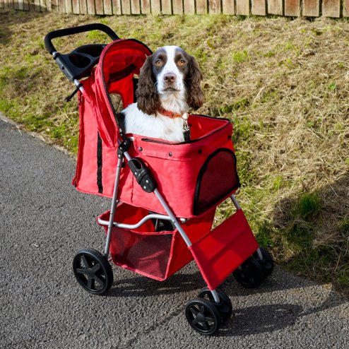 Pet Stroller Pushchair Red Carrier Foldable Trolley Travel Cart 15kg Capacity 4 Wheels Brakes Cat Dog Safety Snap Hook Leash Cushion Canopy Mesh Windows Basket Cup Holders FREE Waterproof Rain Cover