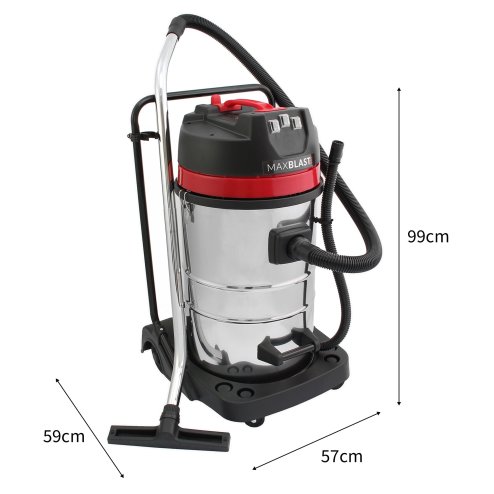 Industrial Vacuum Cleaner 80L Wet & Dry 5 Attachments Commercial Cleaning 3000W Triple Motor Stainless Steel Cloth Filter 1.5m Hose 9m Cable Bagless or Bagged 3 x FREE Hoover Bags
