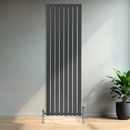 Flat Single Column Radiator & Valves - 1800mm x 560mm - Anthracite Grey