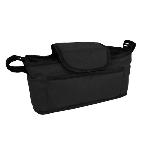 Pet Stroller Caddy Organiser Black Pushchair Pram Travel Accessory Bag Detachable Hook & Loop Straps Elastic Cup Pouch Front Pocket Large Capacity Multifunctional Waterproof Oxford Fabric