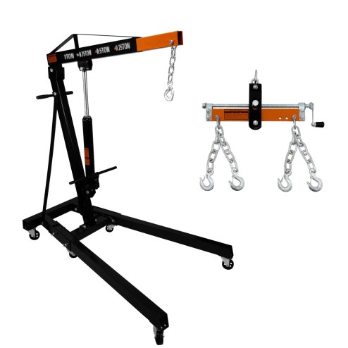 Engine Crane 1 Tonne 1000kg & Load Leveller Hoist 900kg Balancer Support Beam Dual Hooks Chain Hydraulic Pump Handle Folding Legs Lift Jack Stand Portable Workshop Garage 4 JIB Positions Automotive