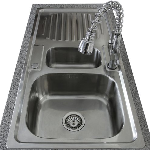 KuKoo Stainless Steel Kitchen Sink Basin & Padstow Tap, Reversible, 105cm x 18cm x 50cm