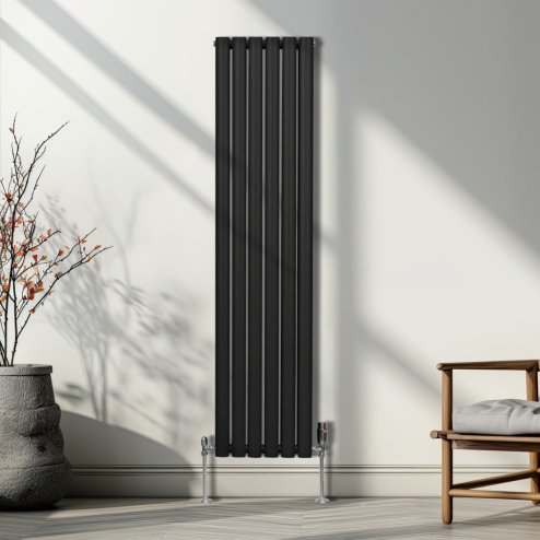 Oval Column Radiator 1600mm x 360mm Modern Designer Double Panel Central Heating Heater Matt Black Carbon Steel Vertical Kitchen Living Room Bathroom FREE Cleaning Brush Fixing Kit & Brackets