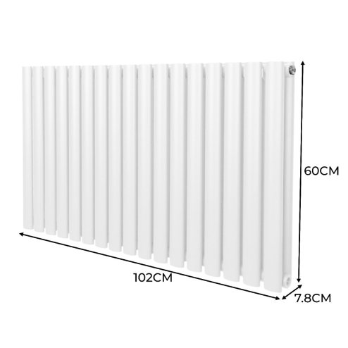 Oval Column Radiator 600mm x 1020mm & TRV Chrome Valves Modern Designer Double Panel Central Heating Heater White Steel Horizontal Kitchen Living Room FREE Cleaning Brush Fixing Kit & Brackets