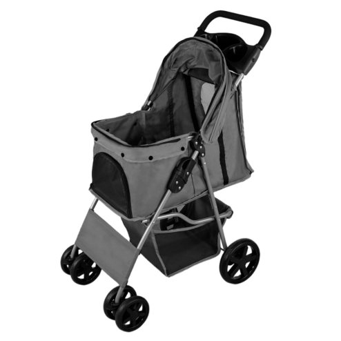 Pet Stroller Pushchair Grey Carrier Foldable Trolley Travel Cart 15kg Capacity 4 Wheels Brakes Cat Dog Safety Snap Hook Leash Cushion Canopy Mesh Windows Basket Cup Holders FREE Waterproof Rain Cover