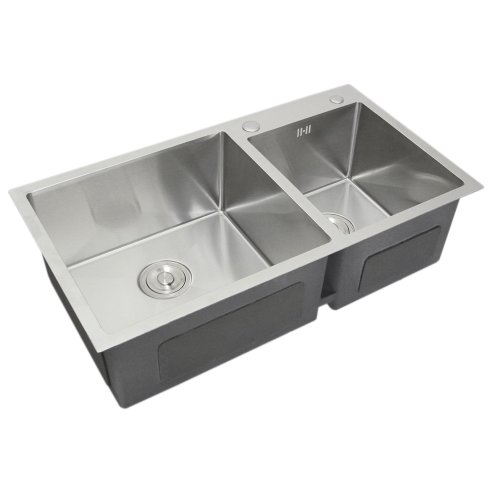 Stainless Steel Kitchen Sink Double Bowl Satin Finish Square Premium Handmade With Strainer Plug & Waste Pipe Set Image