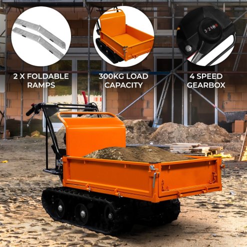 Mini Dumper Tracked Power Barrow Petrol Transporter 300kg 196cc 6.5HP Drop Side Front Cargo Manual Gas Sprung Tipping 4 Speed Gears 3 Forward 1 Reverse Safety Brake Steel Skip Loader 2 FREE Ramps