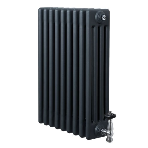 Traditional 4 Column Radiator & Valves - 600 x 425mm - Anthracite Grey