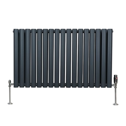 Oval Column Radiator 600mm x 1020mm & TRV Chrome Valves Designer Double Panel Central Heating Heater Anthracite Grey Steel Horizontal Kitchen Living Room FREE Cleaning Brush Fixing Kit & Brackets