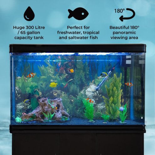 MonsterShop Fish Tank Aquarium & Starter Accessories, Black Cabinet, Blue Gravel, 4ft, 300L