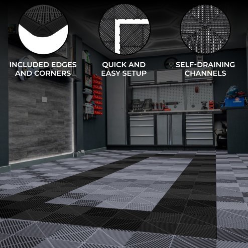 Vented Modular Interlocking Flooring Tiles & Edges 90 Grey & 30 Black Single Garage Heavy Duty Floor Mat Showroom Workshop Outdoor Polypropylene Anti Slip Weather Resistant Drainage 3.2m x 6m 19.2m2