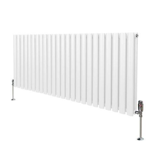 Oval Column Radiator 600mm x 1440mm & TRV Chrome Valves Modern Designer Double Panel Central Heating Heater White Steel Horizontal Kitchen Living Room FREE Cleaning Brush Fixing Kit & Brackets