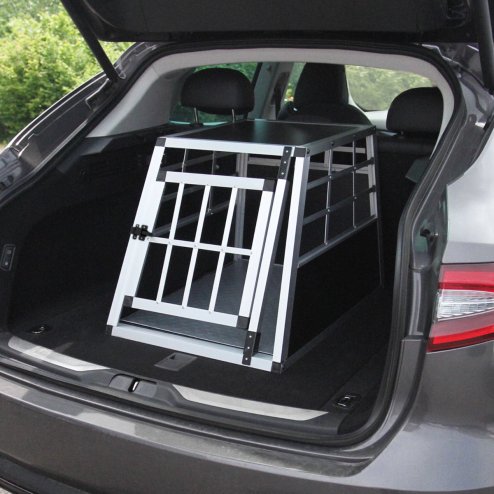 Pet Car Transport Crate Cage Aluminium Travel Box Trapezoidal Dog Cat Puppy Carrier Estate Vehicle 1 Door 50 x 54 x 69cm | FREE Plastic Washable Mat