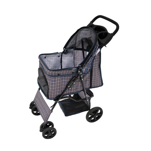 Pet Stroller Pushchair Blue Tartan Carrier Foldable Trolley Travel Cart 15kg Capacity 4 Wheels Brakes Cat Dog Safety Hook Leash Cushion Canopy Mesh Windows Basket Cup Holders & Waterproof Rain Cover
