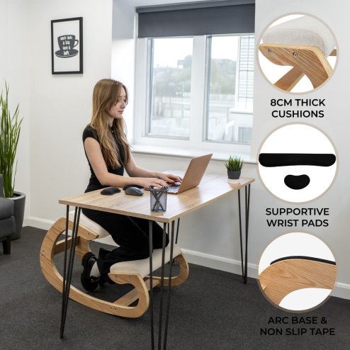Ergonomic Kneeling Chair Wooden Oak White Linen Fabric 8cm Thick Padded Cushion Office Home Rocking Orthopaedic Posture Stool Back Knee Support 120kg Capacity FREE Keyboard and Mouse Wrist Rest Pads