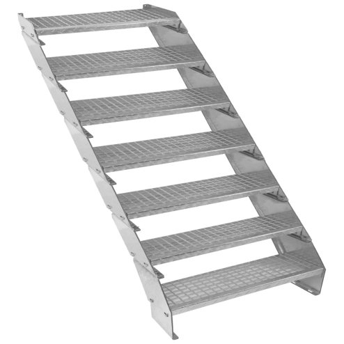Metal Staircase 7 Section Adjustable Height 90cm / 900mm Wide Galvanised Steel Silver 7 Steps Weatherproof Grate Step Outdoor Garden Patio Modular Stairs 5mm Rod Thickness FREE Fixing Kit Image