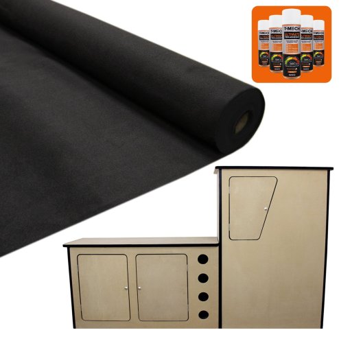 T-Mech 11m2 Van Lining Carpet Super Stretch Kit Black | With Camper Motor Home Kitchen Unit | FREE 5 Heavy Duty Adhesive Glue Spray Cans