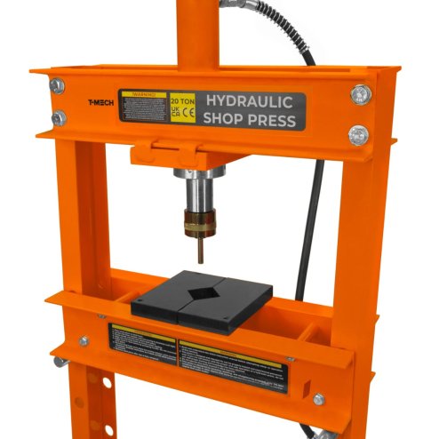 Hydraulic Shop Press 20 Ton Tonne 20,000kg Bench Mount Heavy Duty Steel Detachable Pressure Gauge Hand Pump Adjustable 0-1015mm Vertical Work Area Workshop Garage FREE Tool Set 8 Mandrels & 1 Adapter
