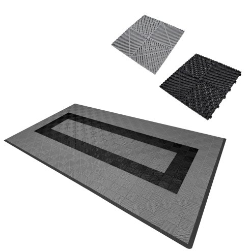 Vented Modular Interlocking Flooring Tiles & Edges 90 Grey & 30 Black Single Garage Heavy Duty Floor Mat Showroom Workshop Outdoor Polypropylene Anti Slip Weather Resistant Drainage 3.2m x 6m 19.2m2