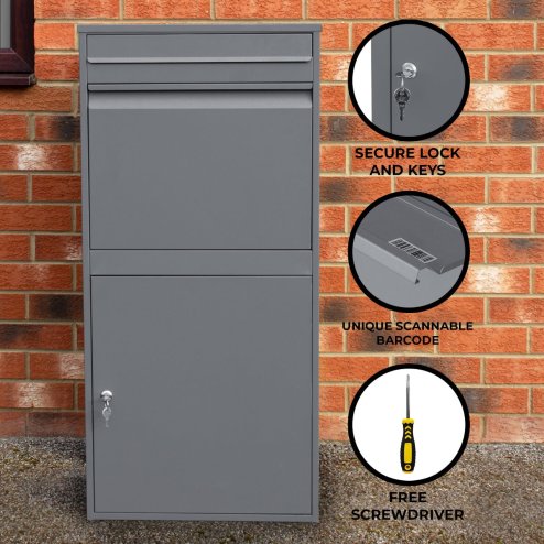 Parcel Post Drop Box XL Grey Steel Outdoor Lockable 2 Keys Letter Mail Package Courier Container Delivery Storage Wall Mount Safe Secure Anti Fishing Scannable Barcode Screwdriver Fixing Kit