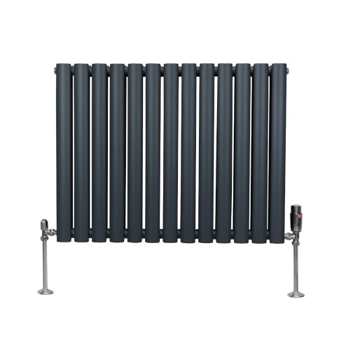 Oval Column Radiator 600mm x 780mm & TRV Chrome Valves Designer Double Panel Central Heating Heater Anthracite Grey Steel Horizontal Kitchen Living Room FREE Cleaning Brush Fixing Kit & Brackets