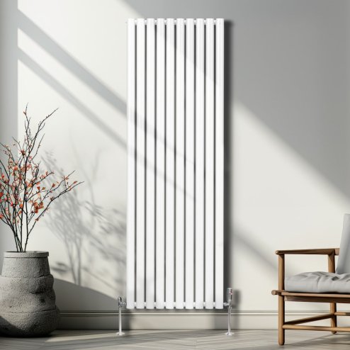 Oval Column Radiator 1800mm x 600mm Modern Designer Double Panel Central Heating Heater Gloss White Carbon Steel Vertical Kitchen Living Room Bathroom FREE Cleaning Brush Fixing Kit & Brackets
