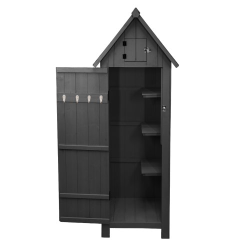Wooden Garden Storage Shed Grey Tool Organiser Cabinet Beach Hut Sentry Box Lockable Doors 3 Corner Shelves 4 Door Hooks Roof Hatch Padlock 4 Keys Ground Fixing Kit Screw Covers Fir Wood Asphalt Roof