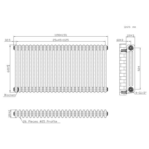 Traditional 3 Column Radiator - 600 x 1190mm - Raw Metal