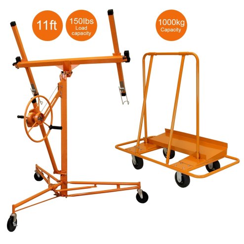 Plaster-board Hoist And Drywall Trolley Mobile Hoist Bundle Jack Tool Sheet 11ft Reach 68kg Lifting Capacity 1000kg Trolley Capacity Lockable Heavy Duty Foldable Commercial DIY T-Mech
