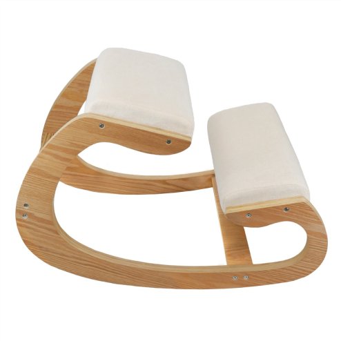 Ergonomic Kneeling Chair Wooden Oak White Linen Fabric 8cm Thick Padded Cushion Office Home Rocking Orthopaedic Posture Stool Back Knee Support 120kg Capacity FREE Keyboard and Mouse Wrist Rest Pads